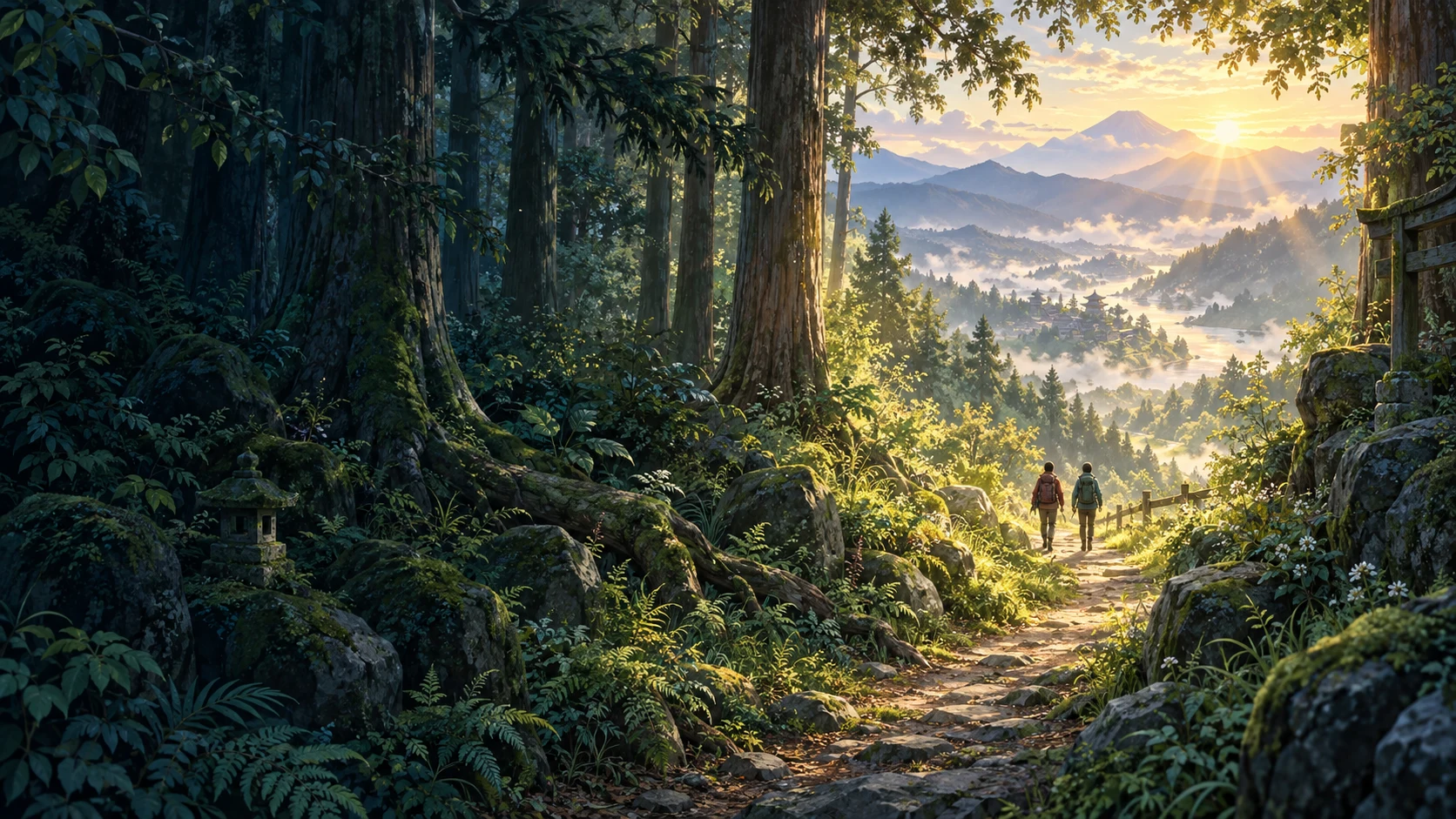 Two travellers follow a richly wooded trail out of the shadows into a golden mountain valley.